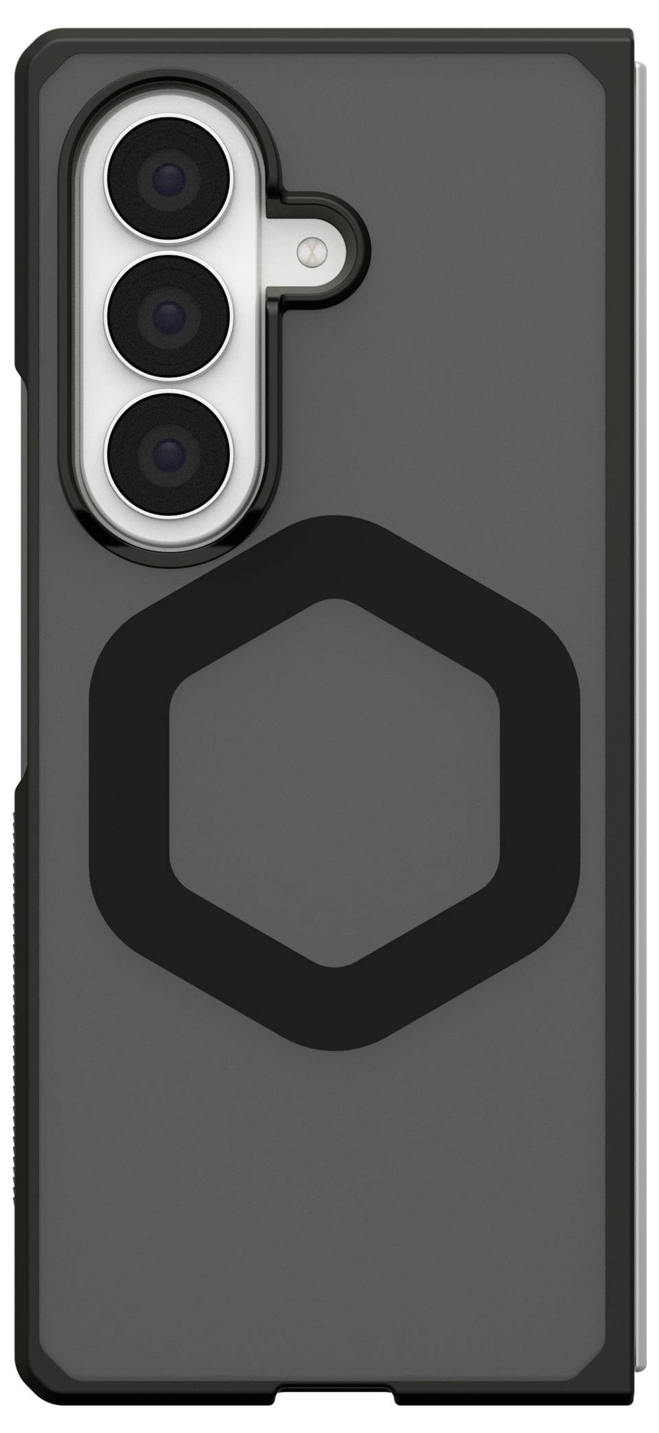 Tamnosiva futrola za smartphone s velikom crnom heksagonalnom logotipom i trostrukim izrezom za stražnju kameru u gornjem lijevom kutu.