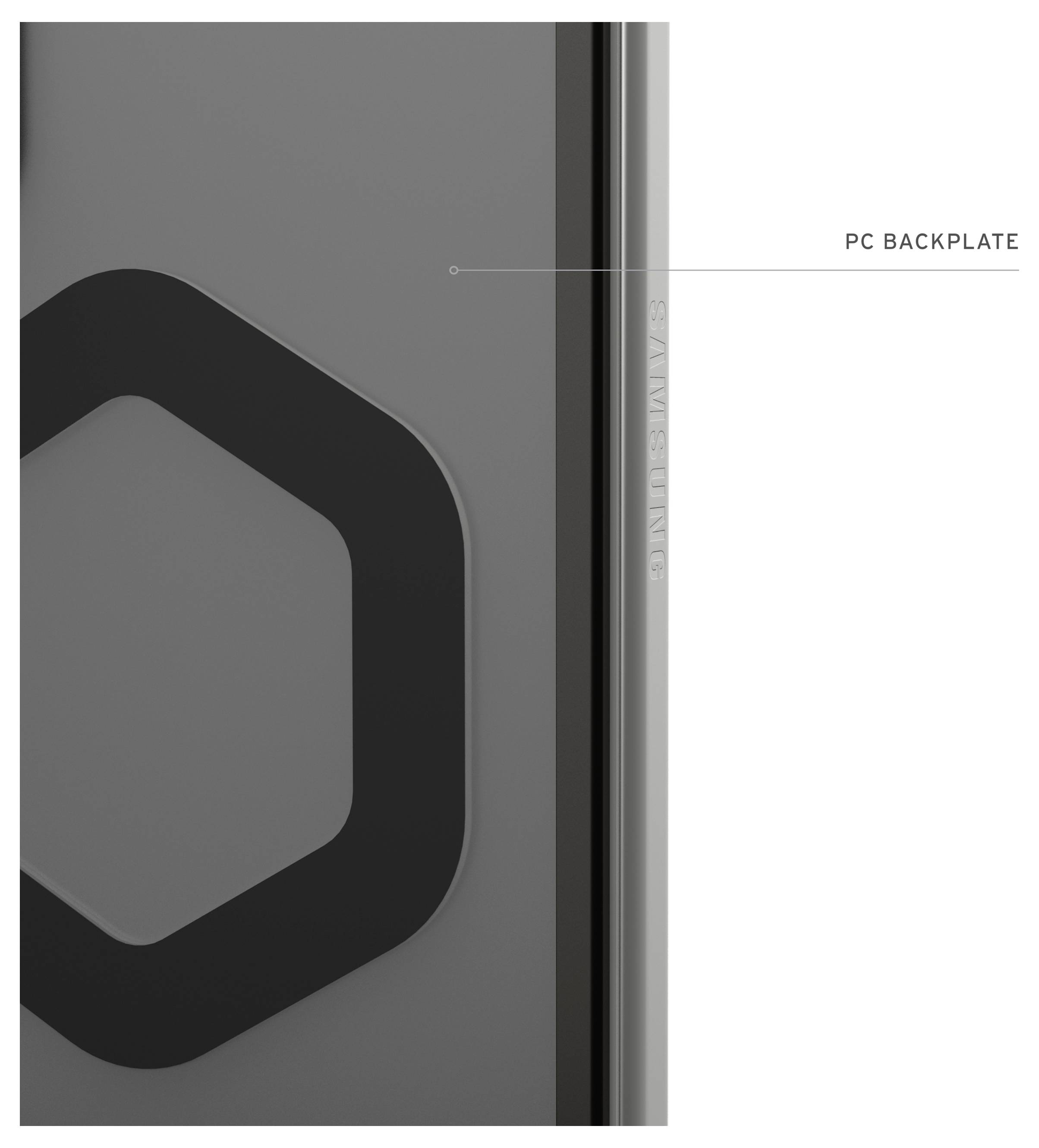 Detaljan prikaz tamnosive PC poleđine sa heksagonalnim logotipom i oznakom 'PC BACKPLATE' sa desne strane.