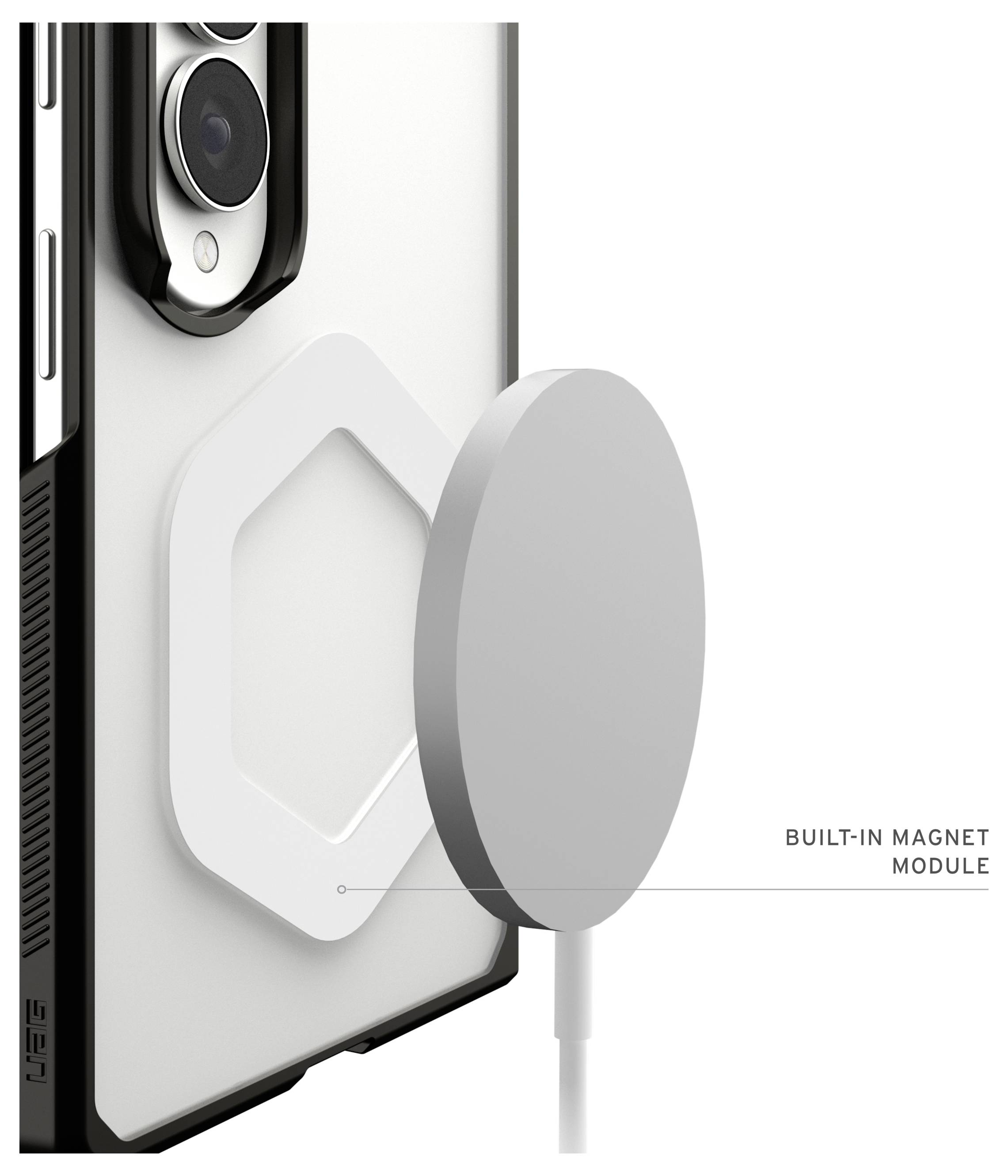 Smartphone zaštitni poklopac s ugrađenim magnetnim modulom, prikazujući magnetsku polnilnu pločicu poravnatu sa stražnjom stranom telefona.