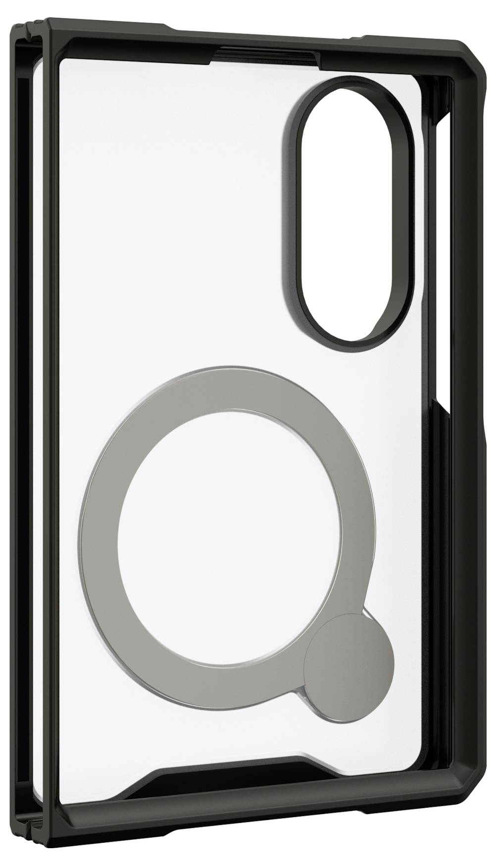 Veliki plan crne futrole za telefon ili okvira s prekomjerno velikim otvorima za kameru i senzor otiska prsta.