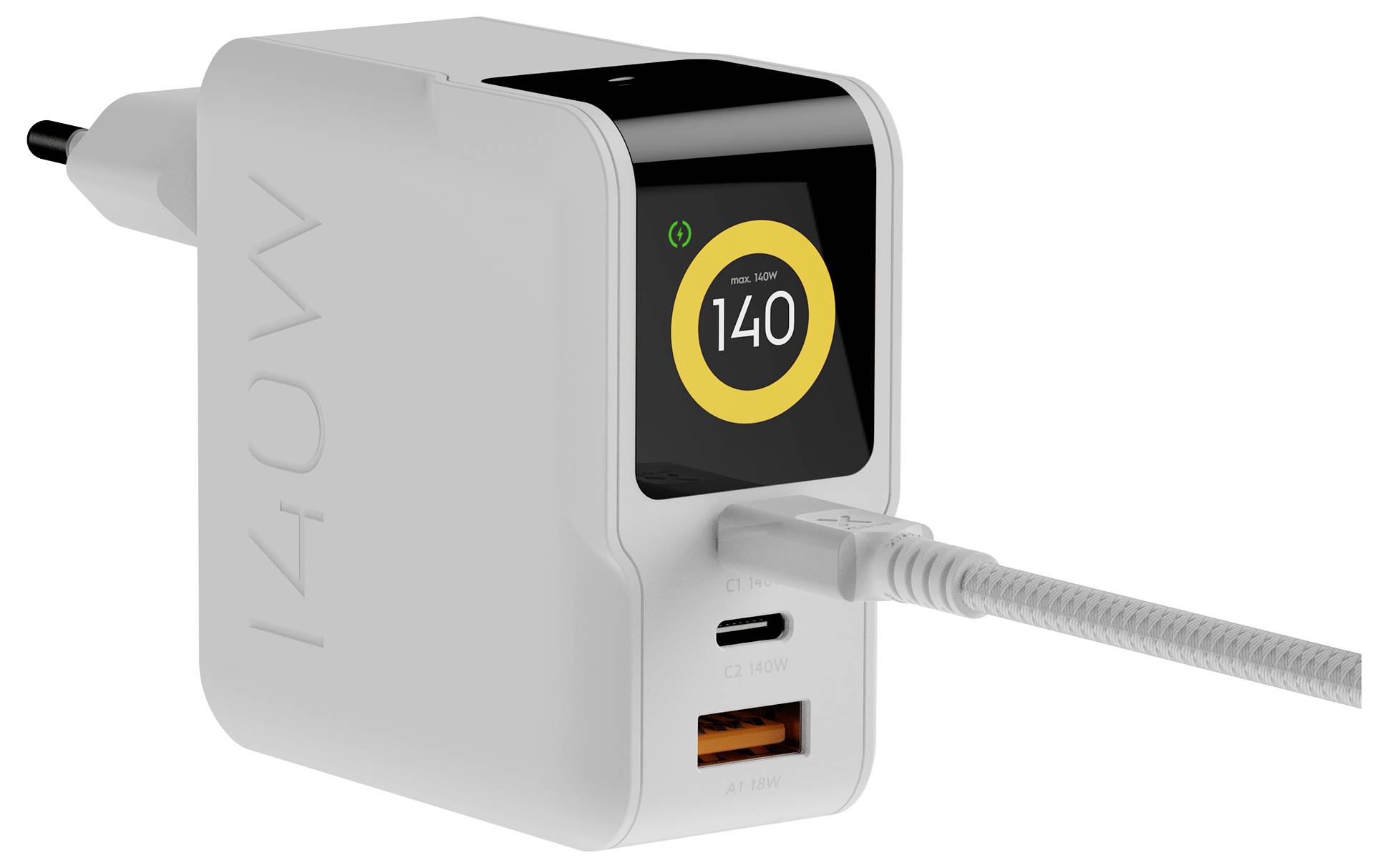 Kompaktno bijelo punjač za zid s digitalnim zaslonom koji prikazuje '140' i povezanim kablom, s USB-C i USB-A utorima.