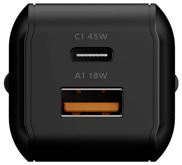 Crni zidni USB punjač s dva priključka označen s 'C1 45W' i 'A1 18W' s jednim USB-C priključkom i jednim USB-A priključkom.