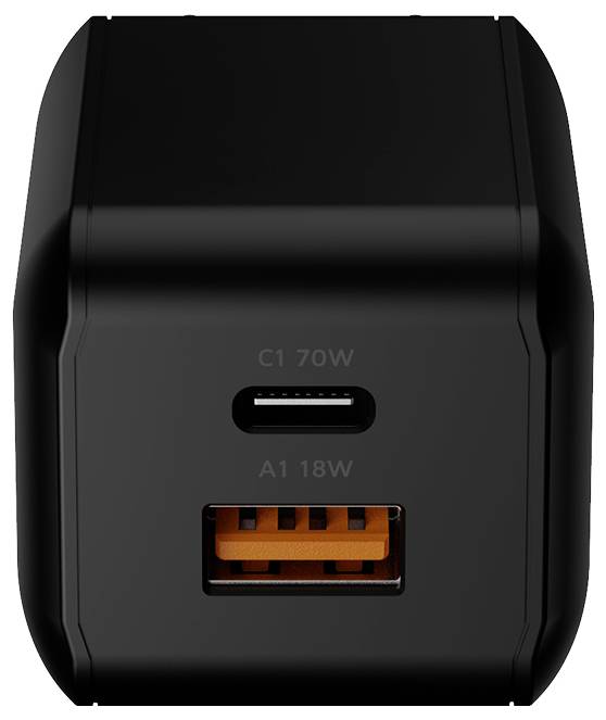 Crni zidni punjač s dva priključka s jednim USB-C priključkom oznake C1 70W i jednim USB-A priključkom oznake A1 18W