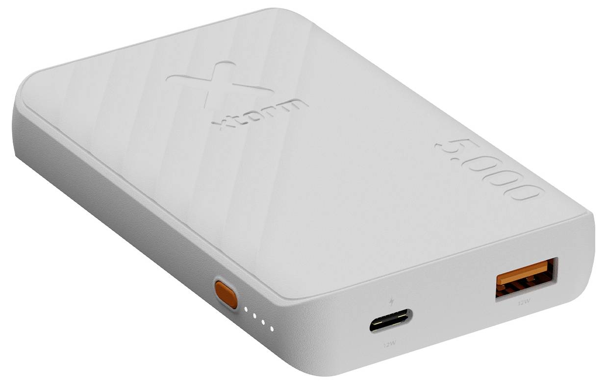 Bijela prijenosna baterija s USB-A priključkom, USB-C priključkom, gumbom za uključivanje i LED indikatorima baterije.