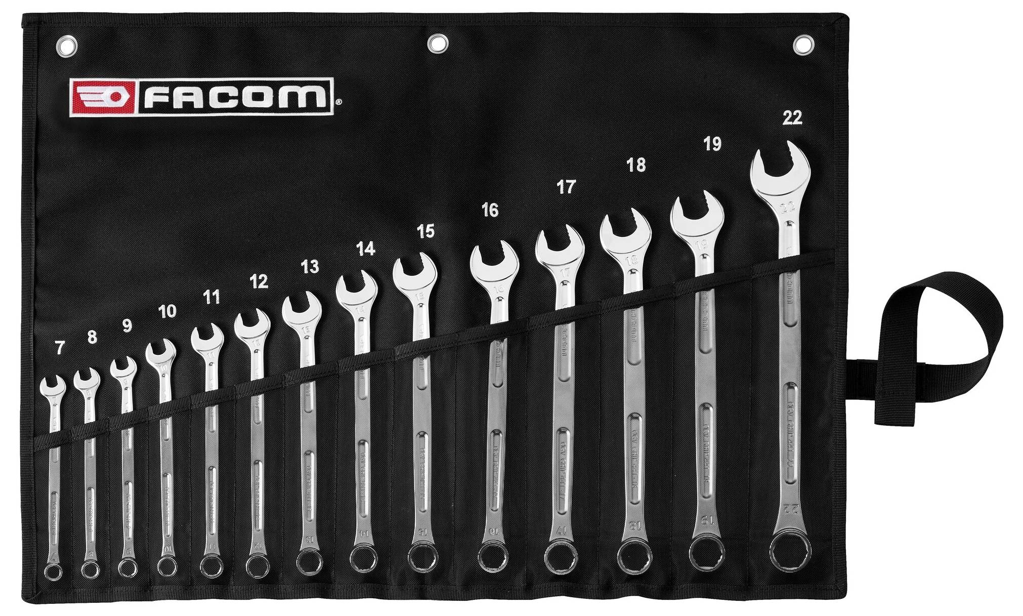 Facom torba za odvijače na prevlaku s 13 viljuškastih ključeva označenih od 7 do 22 mm, organizirani po veličini s remenom za nošenje.