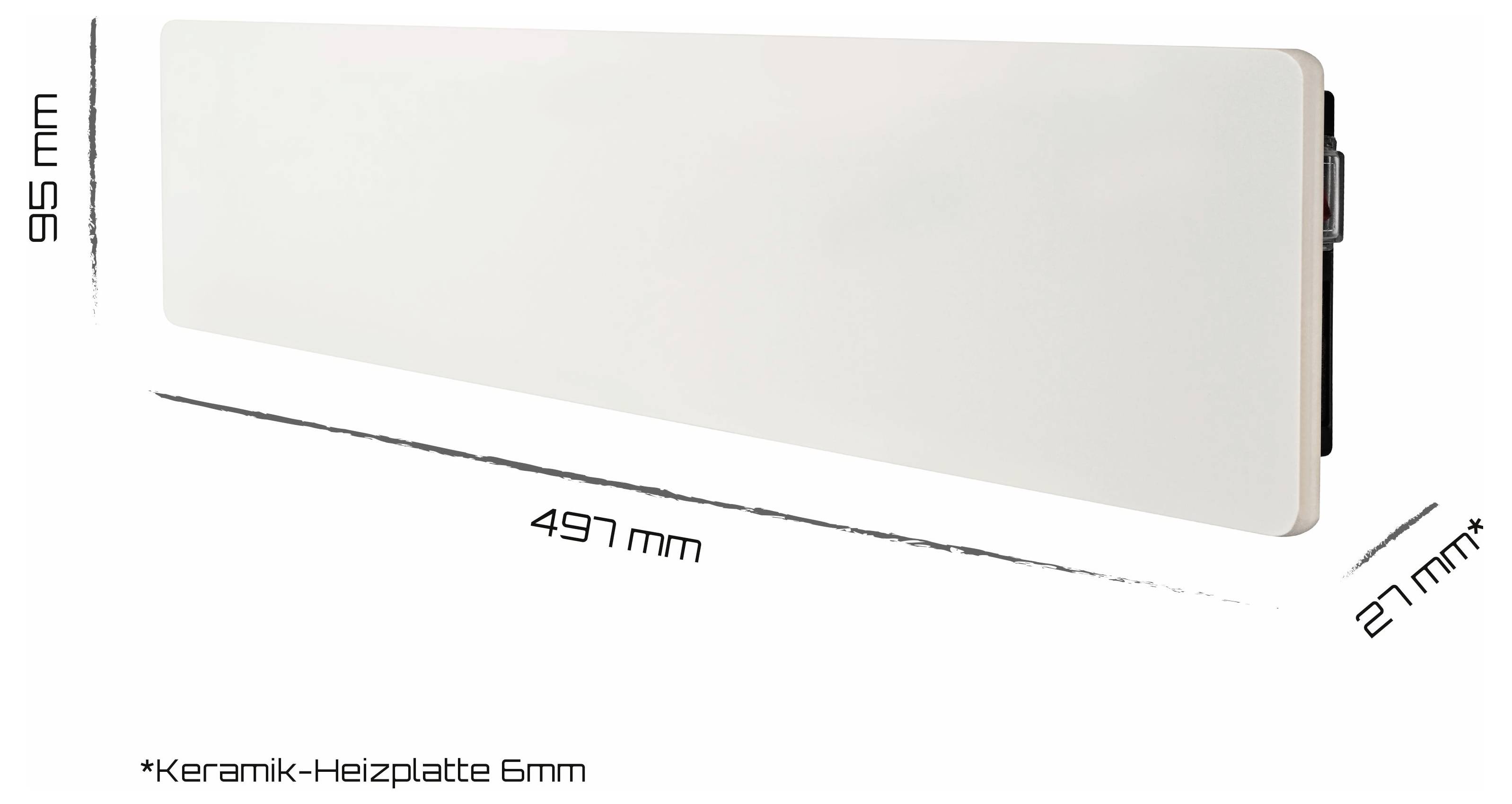 Dijagram tankog pravokutnog zidnog grijača panela, označenog 497 mm širine, 95 mm visine i 27 mm dubine, s 6 mm keramičke grijače ploče.