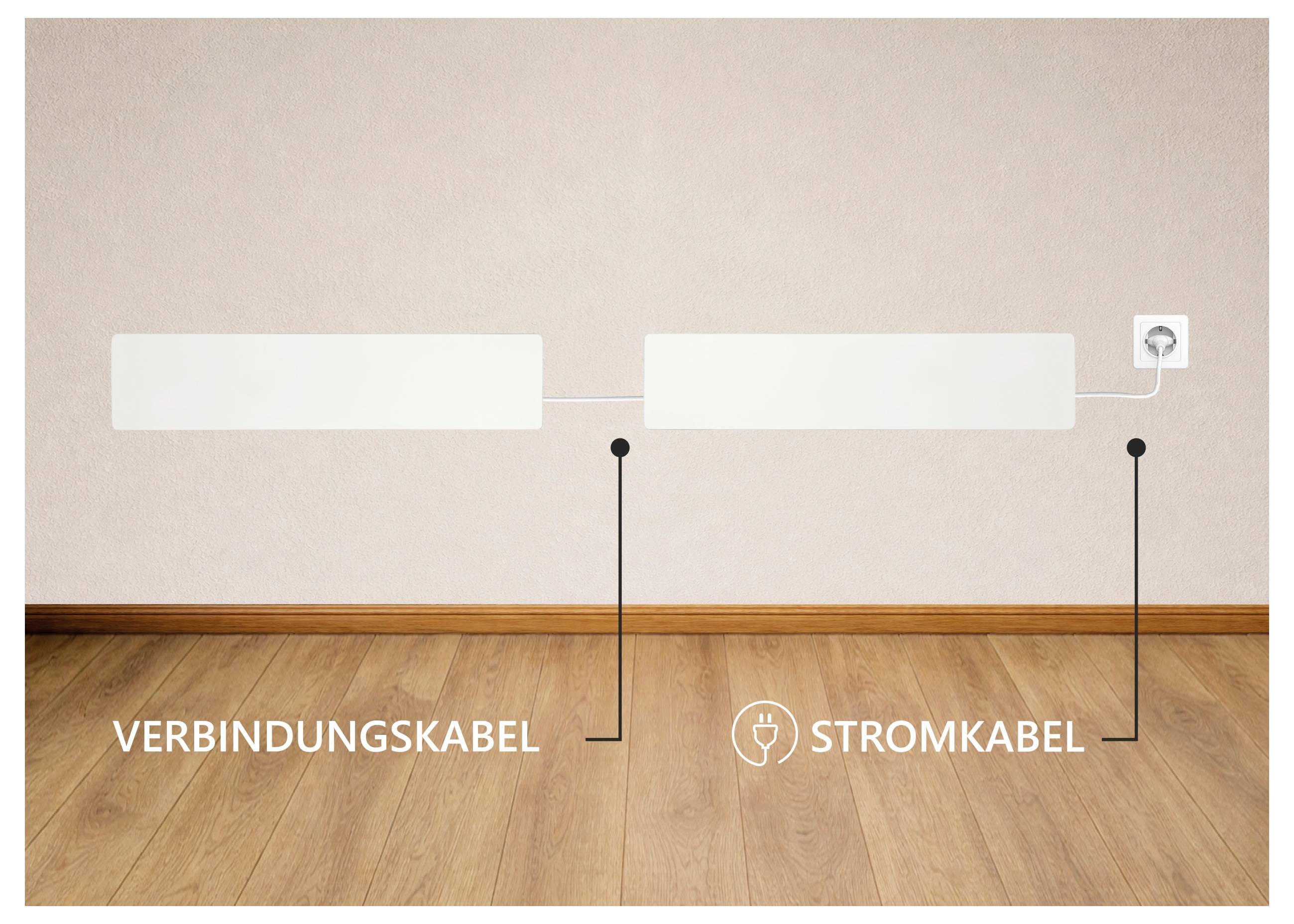 Grafika zidnom montiranog grijača s natpisima 'Kabel veze' i 'Strujni kabel'; prikazuje vrste priključaka i pozicije utikača.