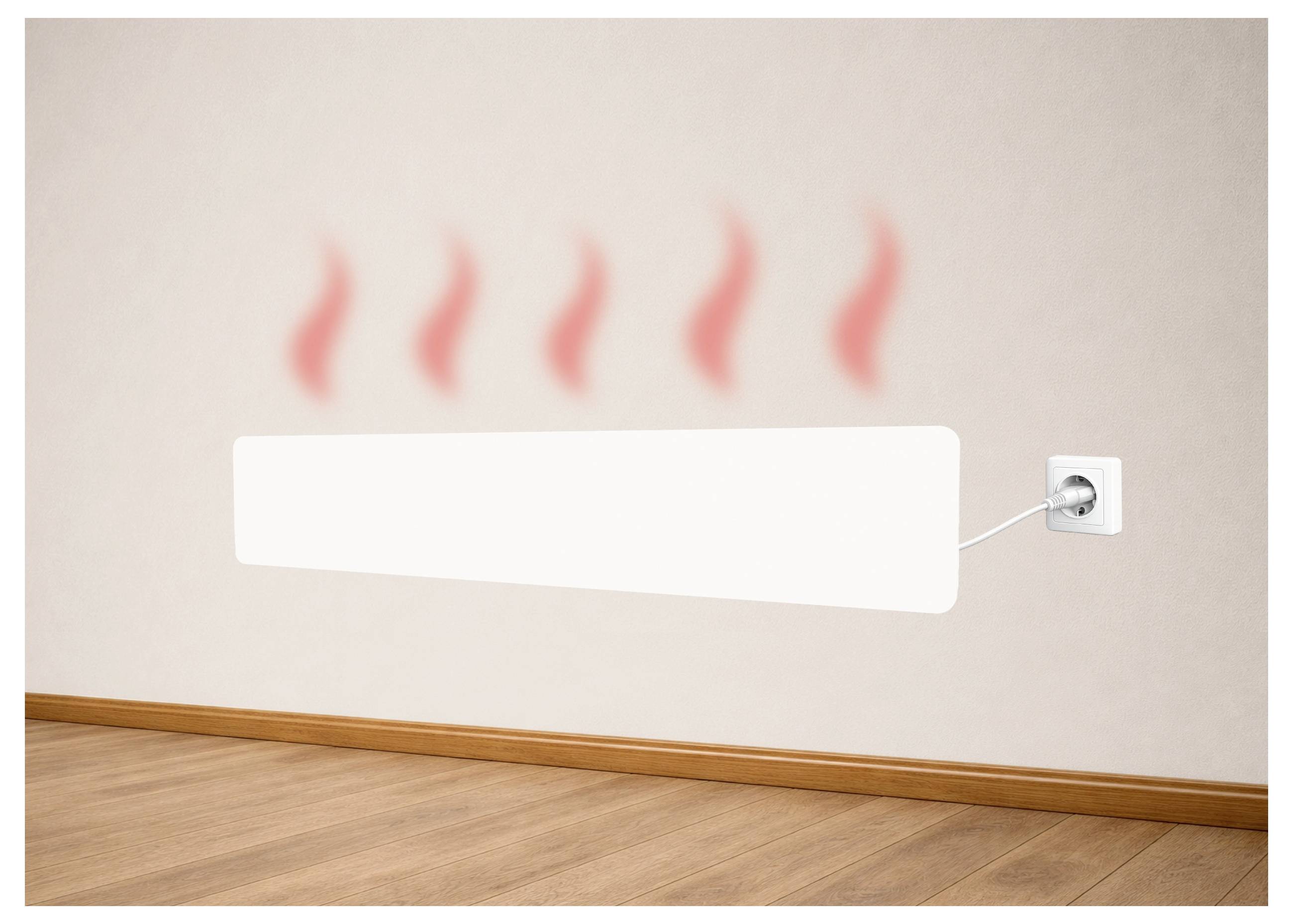 Zidni električni radijator grijač sa toplinskim valovima koji se dižu iznad njega u prostoriji.
