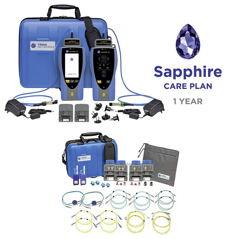 Trend Networks Sapphire Care Plan 1 godina paket s dva ručna testera, plavom futrolom, dodacima, kablovima i optičkim patch kablovima.
