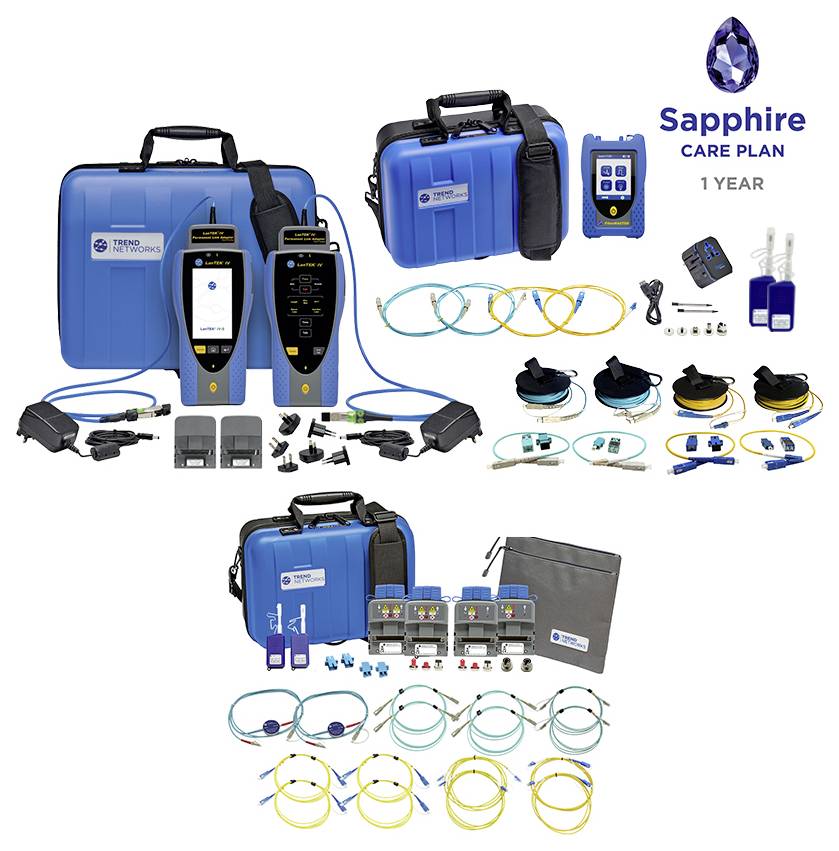 Trend Networks Sapphire paket za godinu dana s plavim prijenosnim koferencijama, ručnim test uređajima, kabelima od optičkog vlakna, adapterima i dodatnom opremom prikazani na bijeloj pozadini.