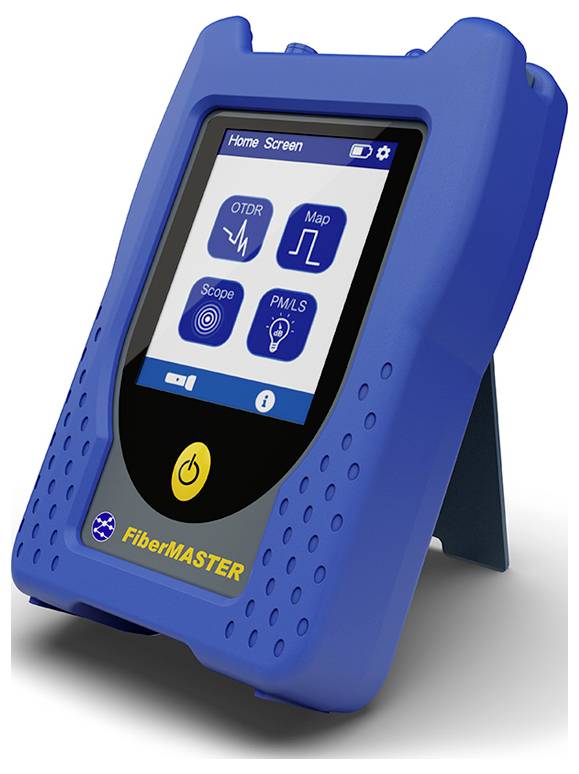 Prenosivi uređaj za testiranje Blue FiberMASTER koji prikazuje početni zaslon s ikonama aplikacija OTDR, Karta, Osciloskop i PMLS.