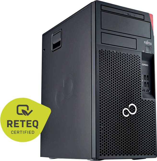 Crni Fujitsu Esprimo desktop tower računalni uređaj s prednjim pretincima za pogone i ventilacijskom rešetkom, prikazan sa znakom 'RETEQ CERTIFIED'.
