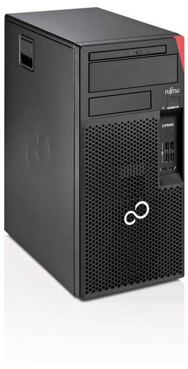 Crna Fujitsu kućišta za desktop računalo s kućištem u obliku tornja, prednjim pregradama za pogone, ventilacijskom mrežicom i USB портовима.