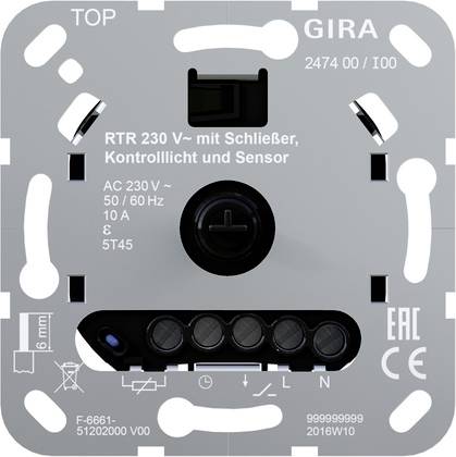 Detaljni snimak prednje ploče Gira strujnog kontrolnog modula označene 'RTR 230 V~ mit Schließer, Kontrolllicht und Sensor', sa označavanjem žica/terminala i certifikacijskim simbolima.
