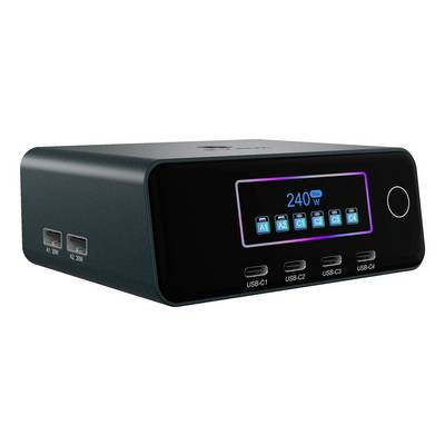 Crna stolna nabijaća stanica sa digitalnim zaslonom na kojem se prikazuje '240W' i četiri USB-A priključka plus četiri USB-C priključka