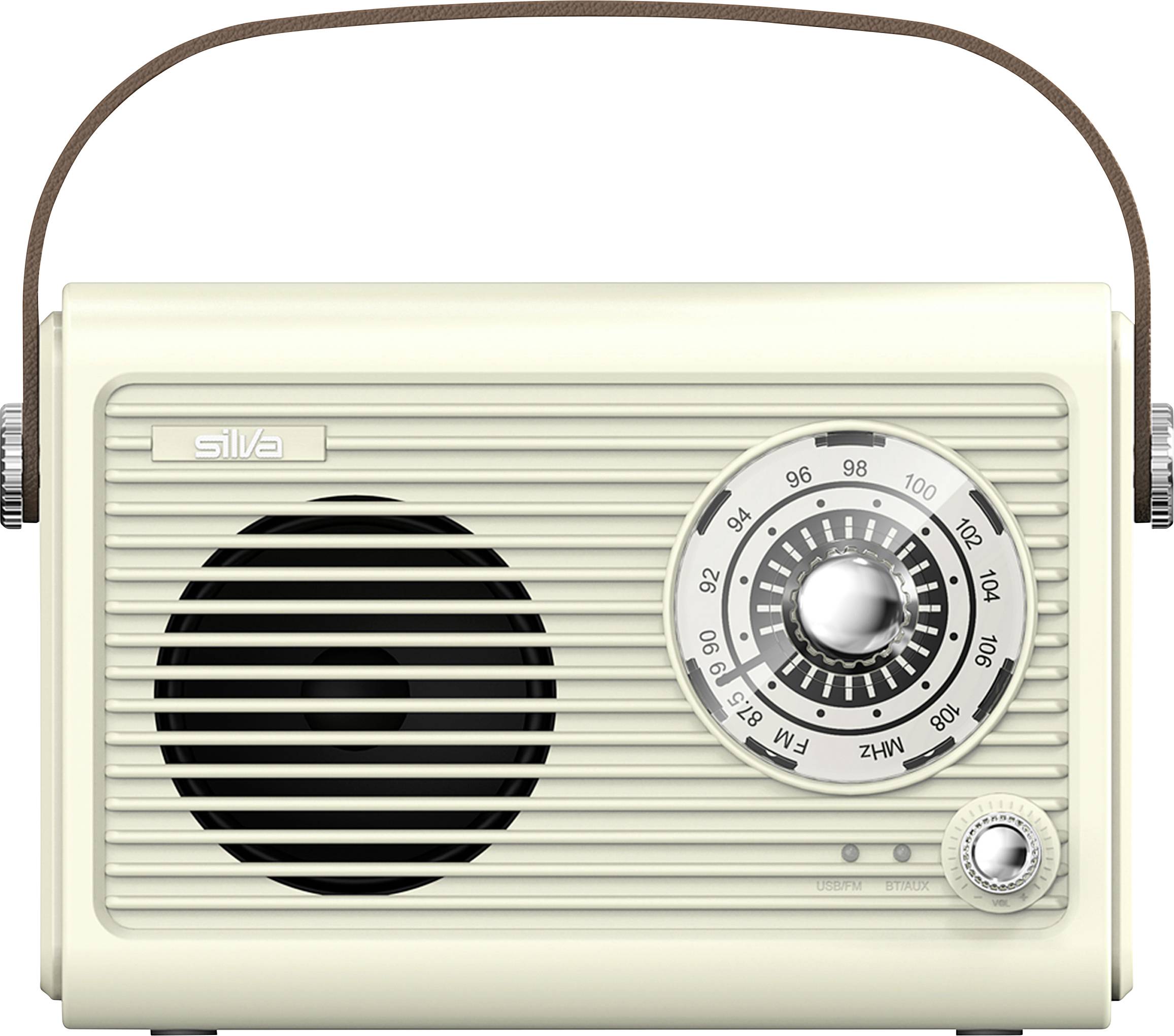 Vintage prijenosni radio bež boje s ručkom, većom mrežom zvučnika i kružnom skalom za podešavanje označenom s FM i MHz.