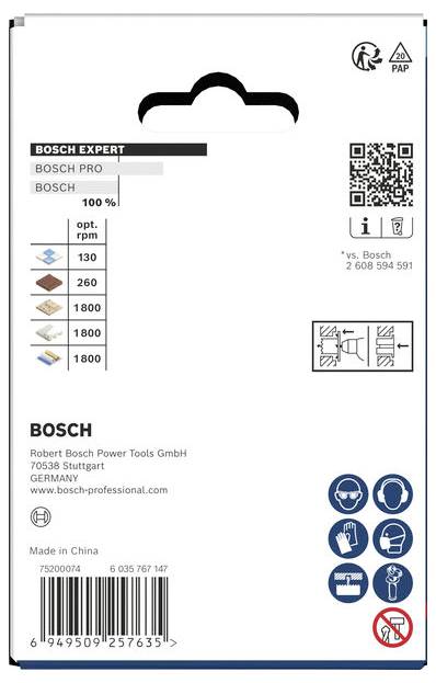 Ambalaža prednjeg dijela Bosch Expert Power Tools s grafikonom kompatibilnosti proizvoda, QR kodom, bar kodom, ikonama za recikliranje i Bosch brendiranjem.
