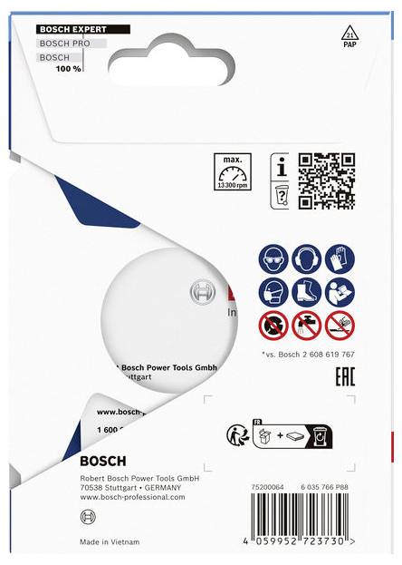 Pakovanje Bosch Expert kružne pile sa brendiranjem proizvoda, naljepnica maksimalno 3300 okr/min, QR kod, ikone sigurnosti, barkod i tekst veličine 1600.