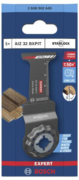Bosch EXPERT Starlock oscilirajući multi-tool nož u pakiranju, koji pokazuje 5x AIZ 32 BXPIT nož od karbida za drvo s oznakama dugog vijeka trajanja i brzog rezanja.