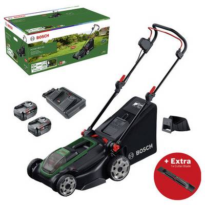Bosch bežični traktor za rezanje trave s baterijom, punačem, torbi za travu, kutijom i dodatnom oštricom prikazano