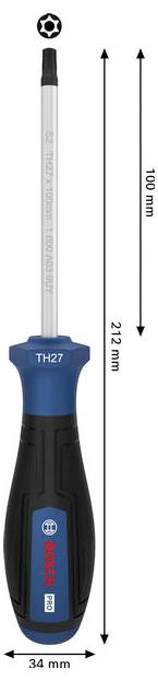 Bosch TH7 odvijač s dugim vratilom i plavom/crnom ručkom, prikazan s dimenzijama duljine 212 mm i širine 34 mm; duljina vratila 100 mm.