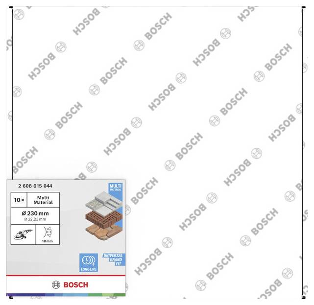 Bosch set od 10 komada multi-materijalne tesle za bušenje, promjera 230 mm i drške od 22,23 mm, prikazano na pakiranju proizvoda.