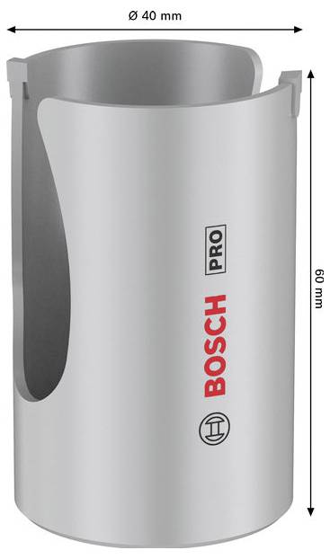 Srebrni Bosch PRO cilindrični pribor za alat, visine 60 mm i promjera 40 mm, prikazan s bočnim isječkom za upotrebu bušilice/rezanja.