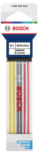 Bosch Multicolour univerzalna trakasta turpija, 6-dijelni set, 2,8 mm, s obojenim prugama na pakiranju.