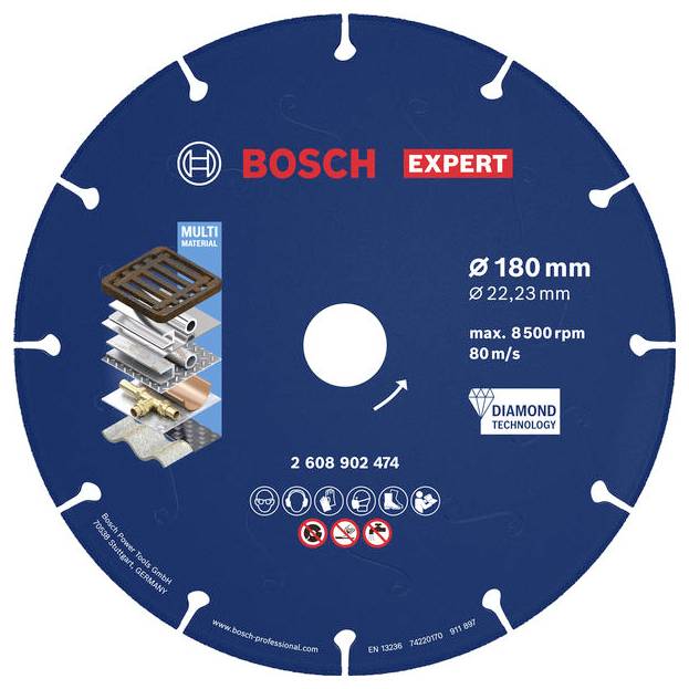 Bosch Expert dijamantni rezni disk za više materijala, označen 180 mm i maksimalno 8500 okr/min, sa sigurnosnim ikonama i brojem proizvoda 2 608 902 474.