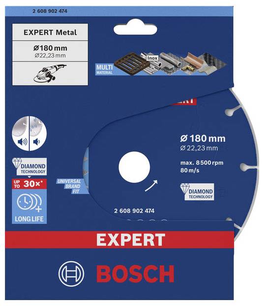 Bosch Expert metalni disk za rezanje u pakovanju, označen sa 180 mm i 22,23 mm, s dijamantnom tehnologijom, dugo trajanja i do 8500 okretaja; pokazuje upotrebu na više materijala.