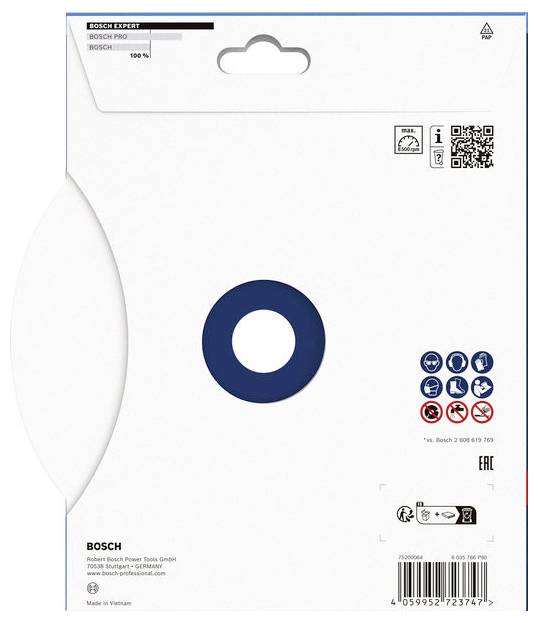 Prednja strana pakiranja Bosch Expert proizvoda, uglavnom bijela s plavim krugom logotipa, etiketama proizvoda, QR kodom, sigurnosnim ikonama i bar-kodom.