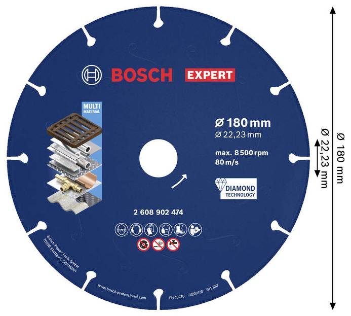Bosch Expert dijamantna rezna pila oznaka koja pokazuje 180 mm, 22.23 mm disk za upotrebu na više materijala, maks. 8,500 okr/min i 80 m/s.