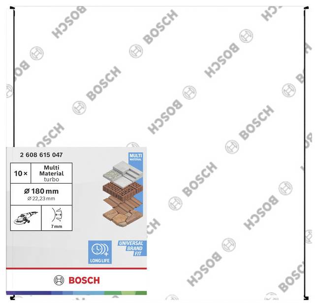 Pakovanje Bosch Multi Material turbo pile za pilu, sa prikazom promjera od 180 mm, otvora od 22,23 mm, segmenta od 7 mm i pogodnosti za rezanje više materijala.