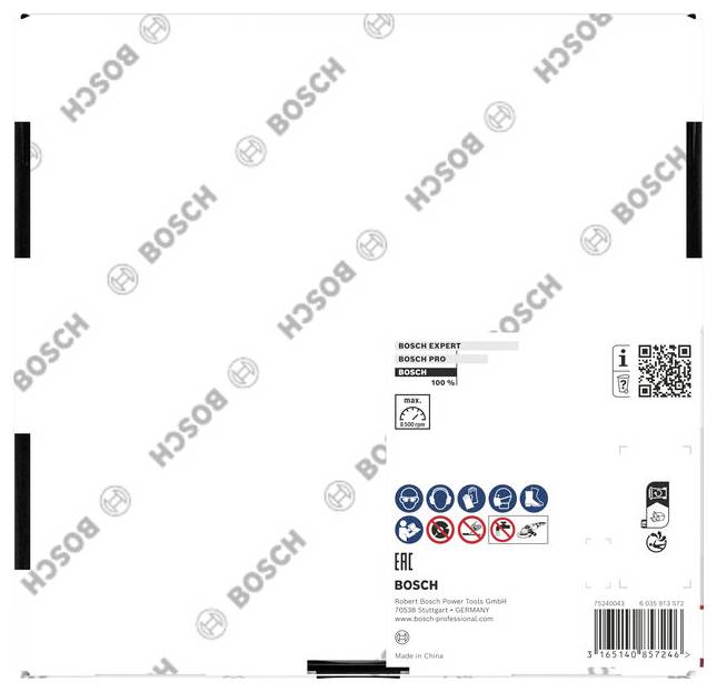 Bosch Expert Bosch Pro 100% ambalaža sa etikete sa QR kodom, ikonama sigurnosti i detaljima identifikacije proizvoda na bijeloj pozadini.