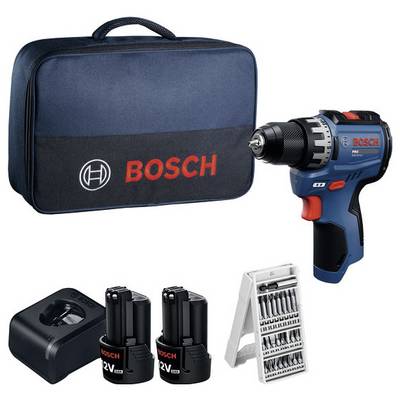 Bosch bežični set bušilice s prijenosnom torbom, punjačem, dvije baterije i set svrdla prikazani na bijeloj pozadini.
