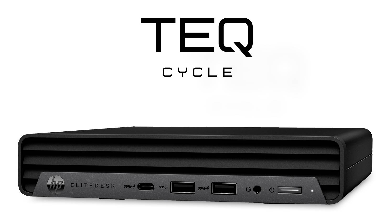 TEQ Cycle logo iznad prednjeg prikaza HP EliteDesk mini stolnog računala na bijeljoj pozadini.
