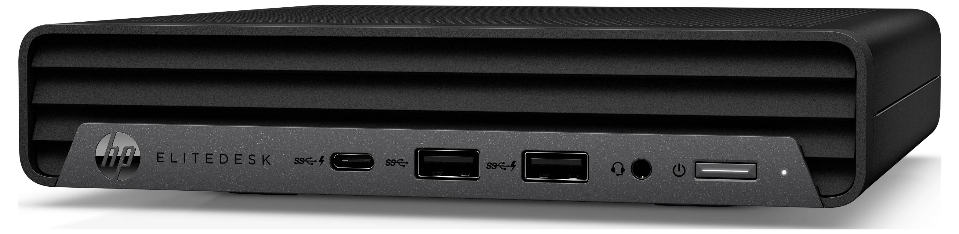 Prednji pogled crnog HP EliteDesk mini stolnog računala s više USB priključaka i audio priključaka na prednjoj ploči.