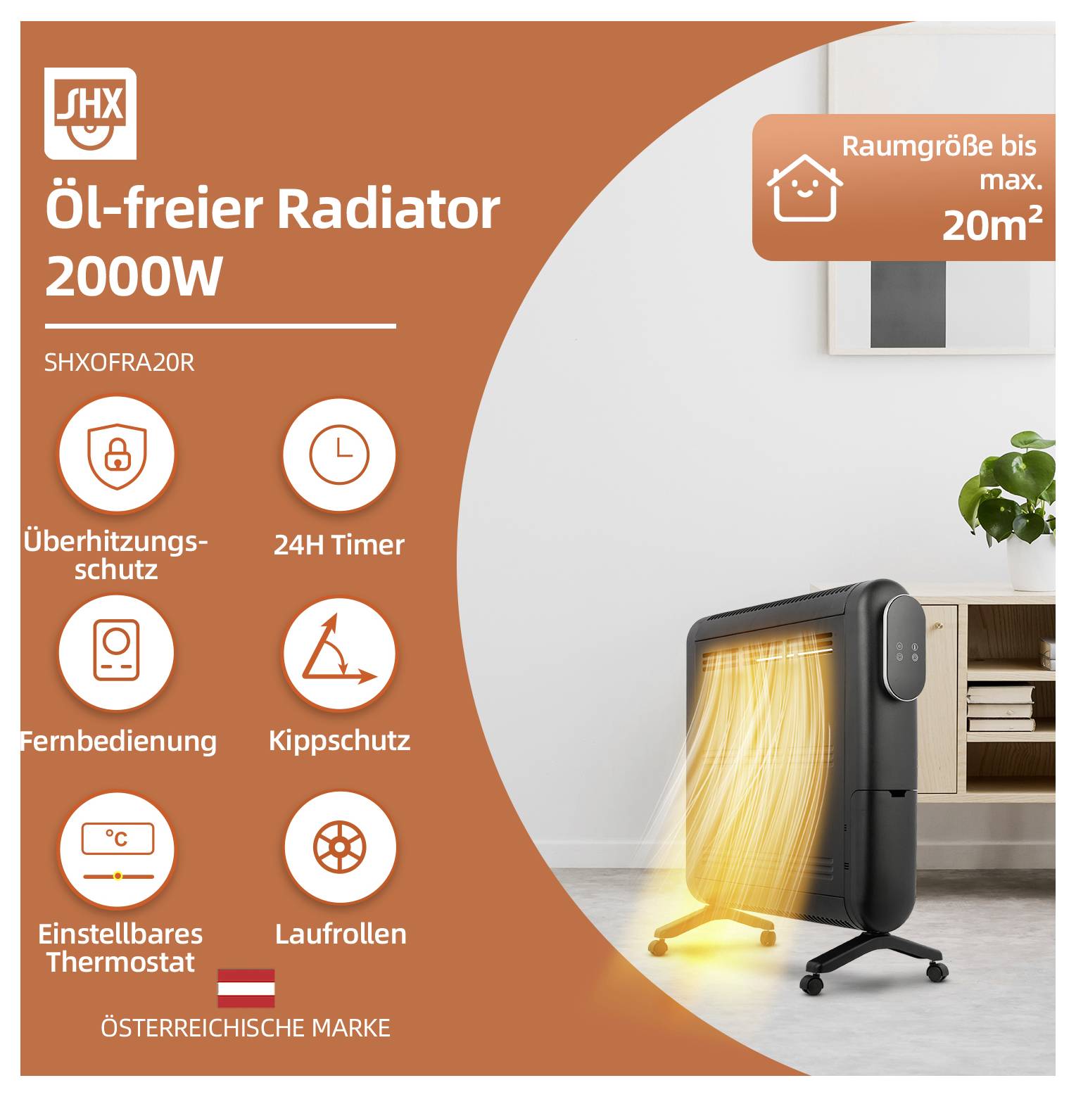 SHX SHXOFRA20R električni radijator 25 m² 2000 W crna-3