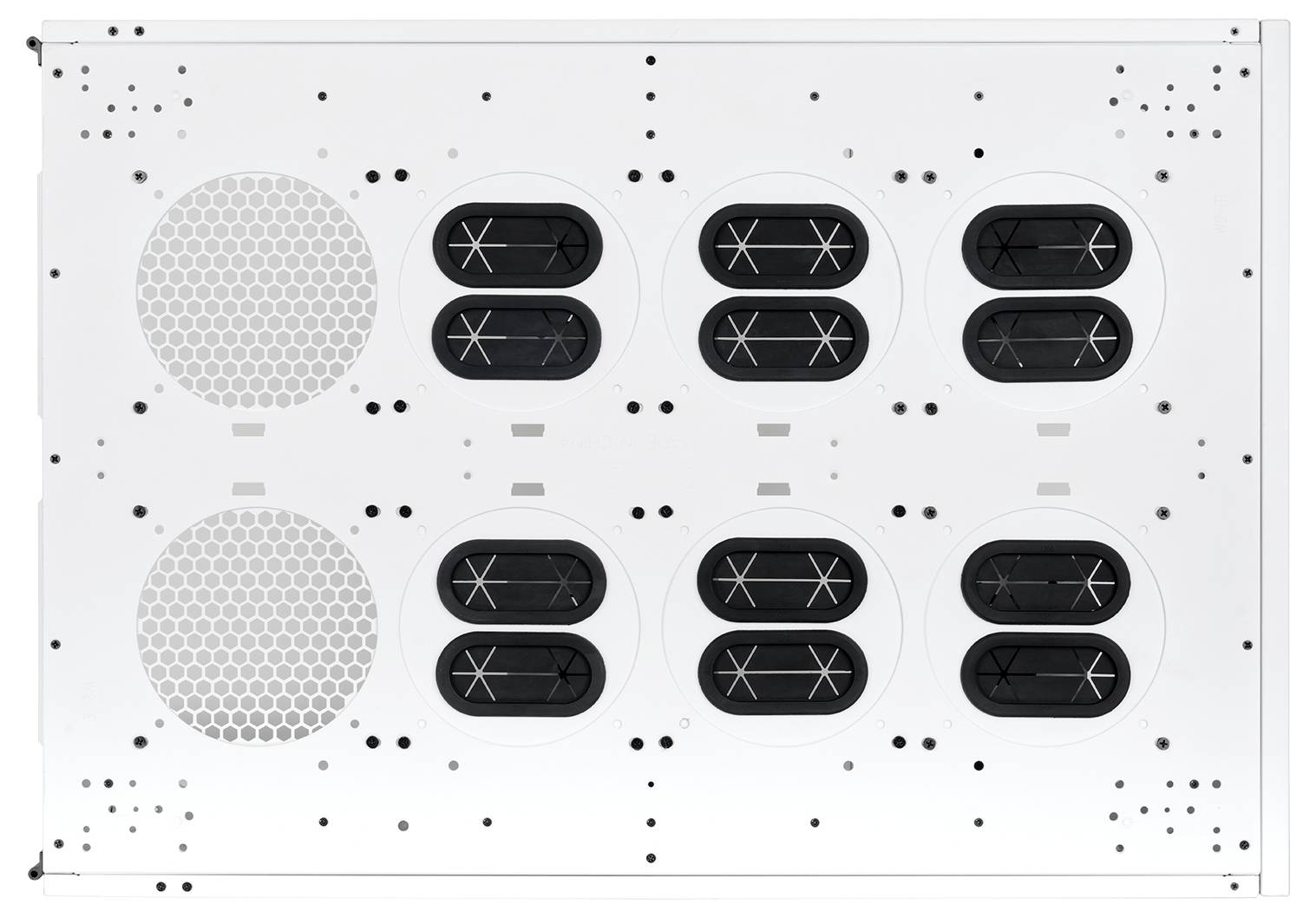 Frontalni pogled na bijelu modularnu ventilacijsku ploču s dva velika kružna otvora na lijevoj strani i šest crnih ventilacijskih jedinica s lamelama raspoređenih u mrežu od 2x3.