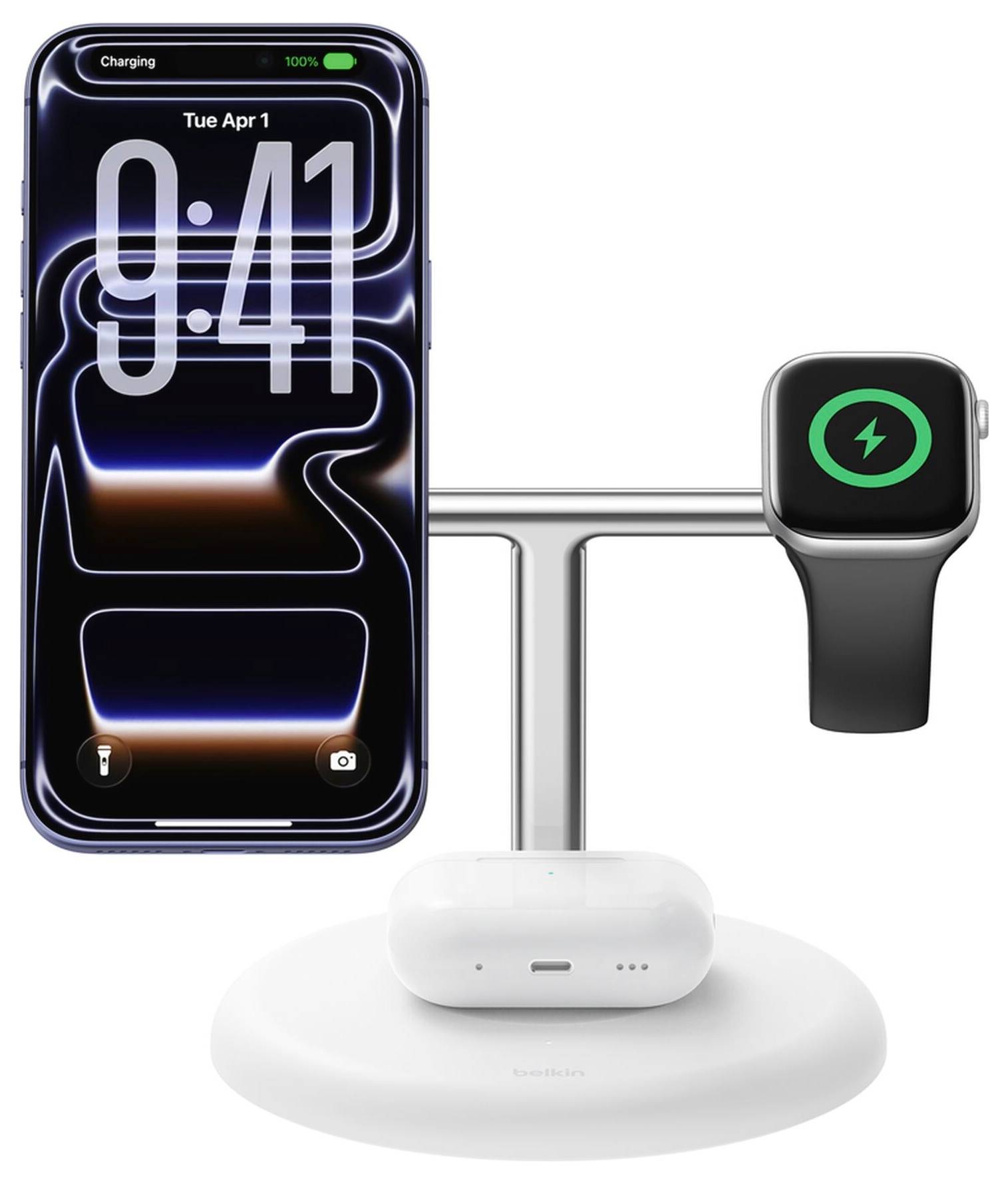 Punjač tvrtke Apple drži iPhone, Apple Watch i futrolu za AirPods, svi pokazuju indikatore punjenja.