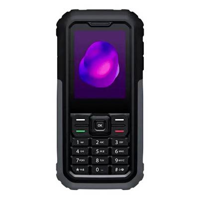 Otporna crna mobilna telefon s malenim kolornim zaslonom i fizičkom tipkovnicom, prikazan sprijeda na bijeloj pozadini.