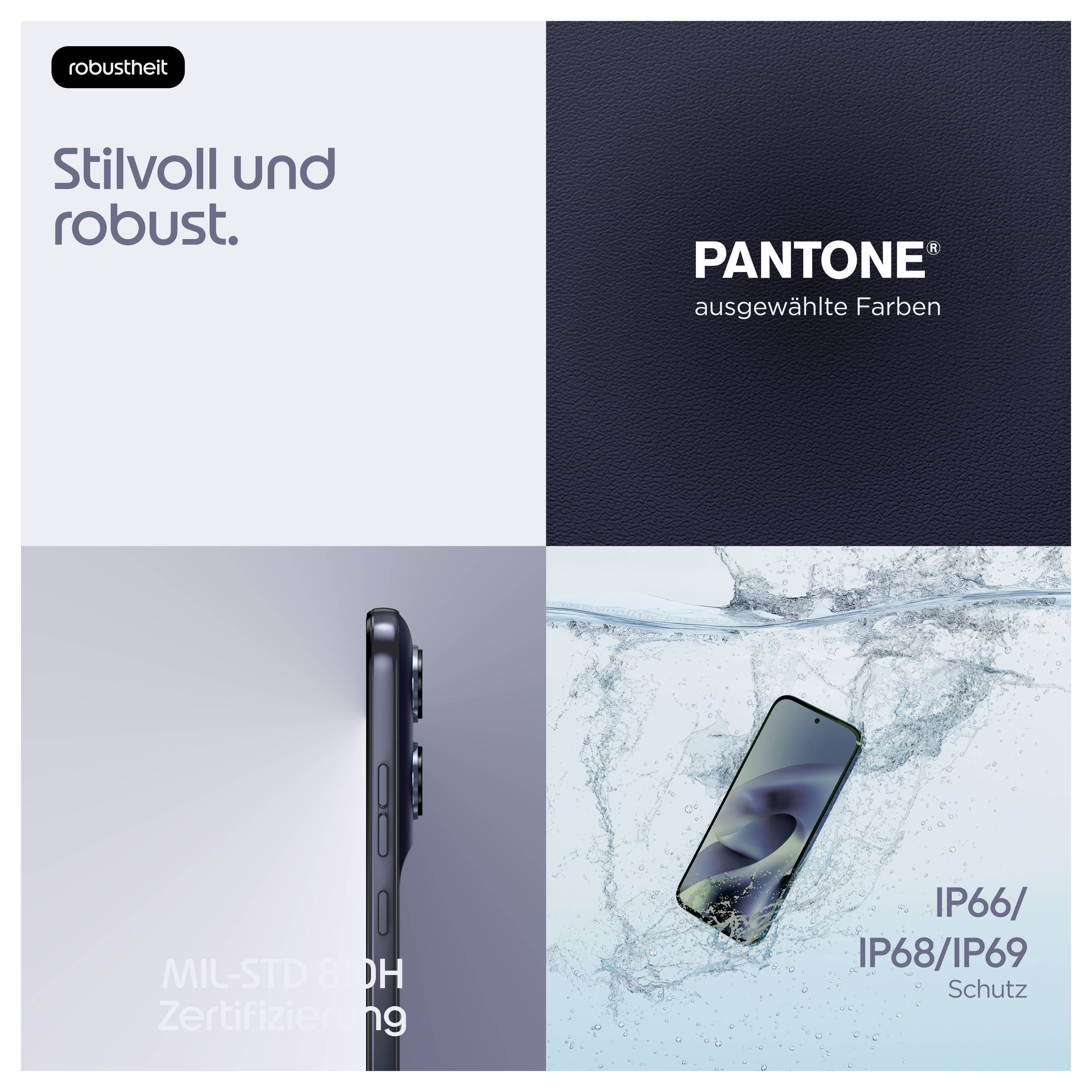 Promacijski četveropanelni grafički prikaz za robusni pametni telefon: 'Stilski i robustan', Pantone odabrane boje, MIL-STD 810H certifikacija i IP66/IP68/IP69 zaštita od vode.