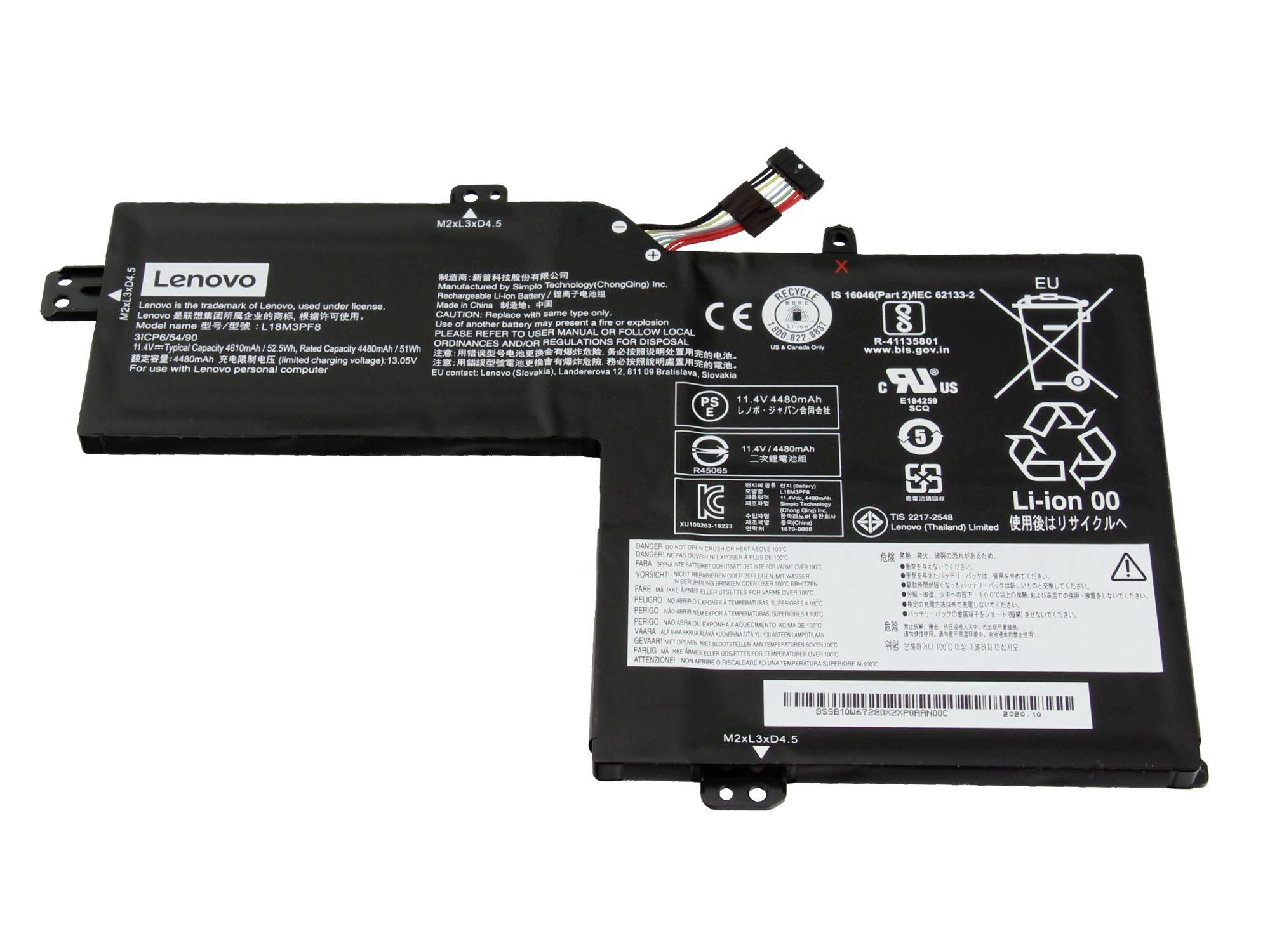 Lenovo baterija za prijenosno računalo s priloženim kabelom za napajanje i oznakama sigurnosti, prikazana na bijeloj pozadini.