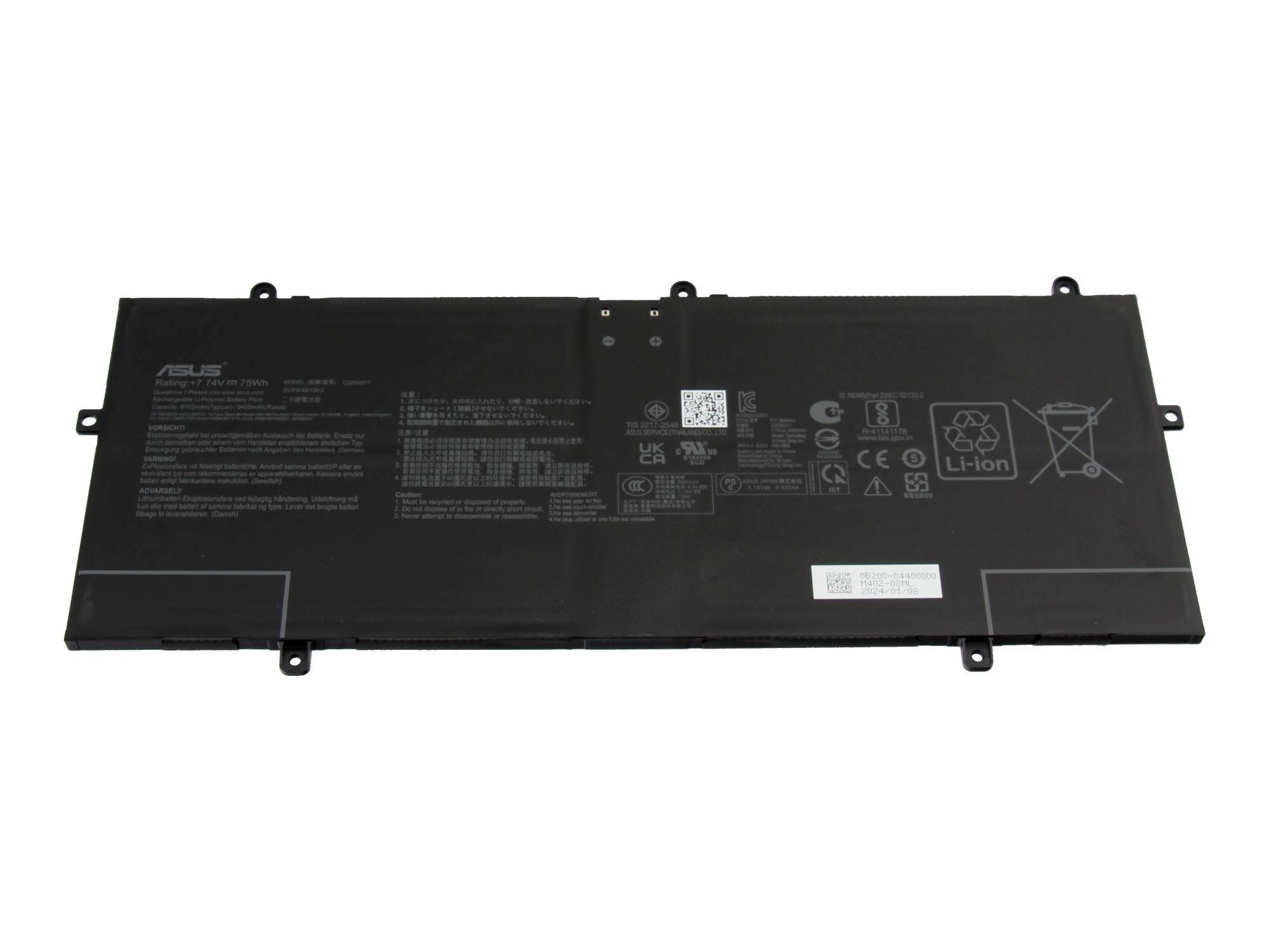 Crna ASUS baterija za laptop prikazana frontalno, s ispisanim naljepnicama i upozorenjima na bijeloj pozadini.
