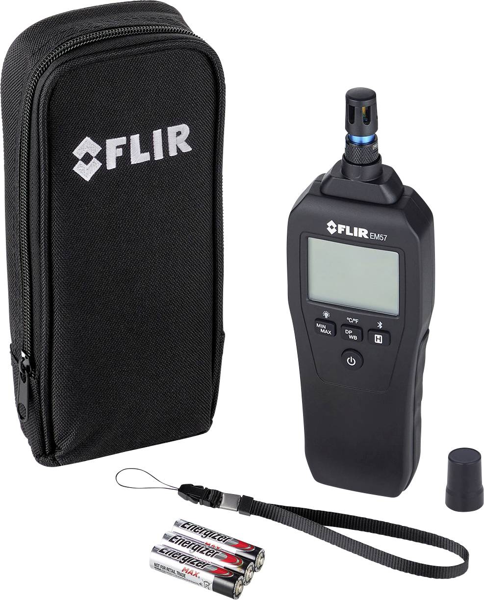 FLIR prijenosni metar kompletan s torbom za nošenje, trakom za zapešće, baterijama i zaštitnom kapom na bijeli pozadini.
