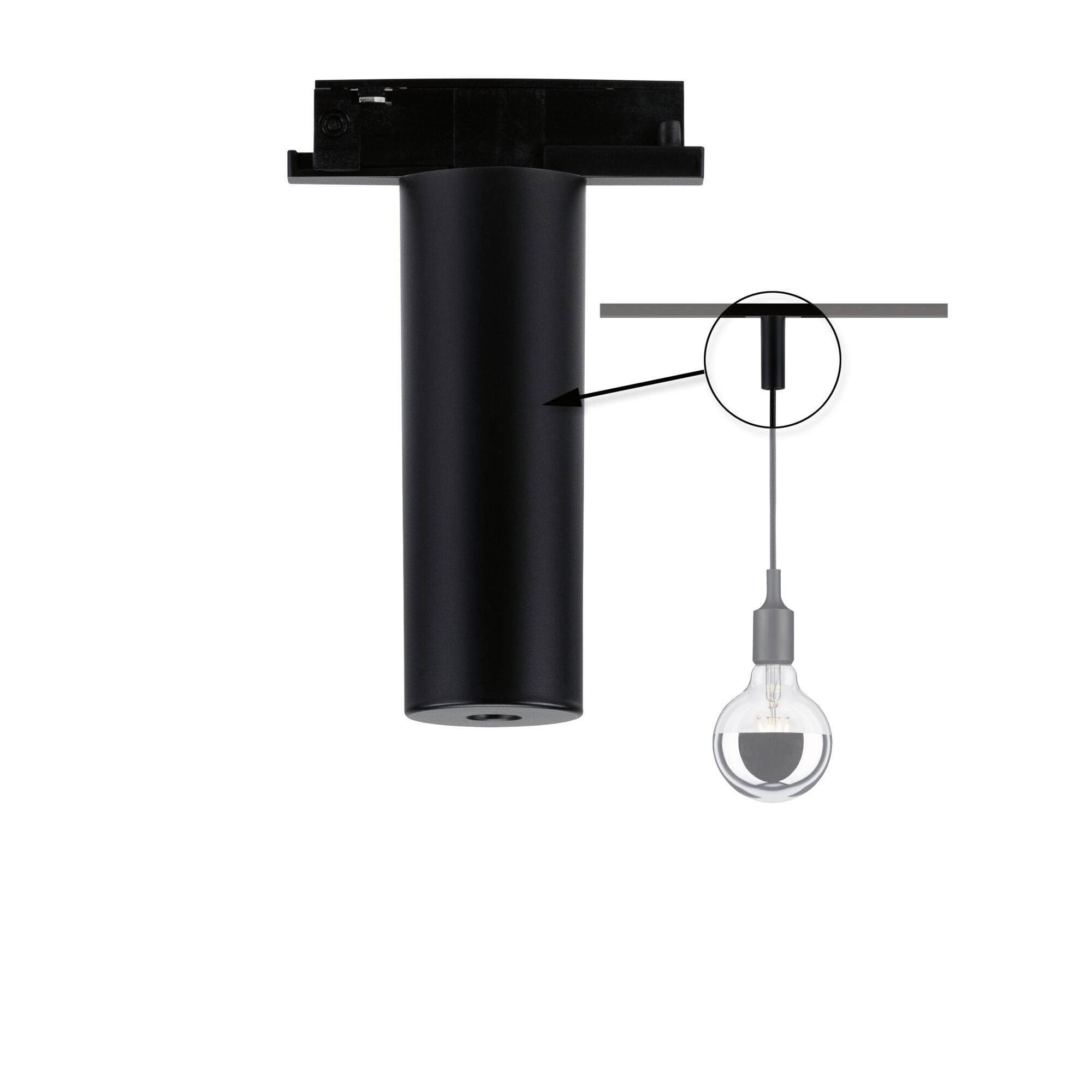 Crna stropna lampa s visilom žaruljom, prikazana s detaljnim umetkom bliskoga prikaza spoja kablice.