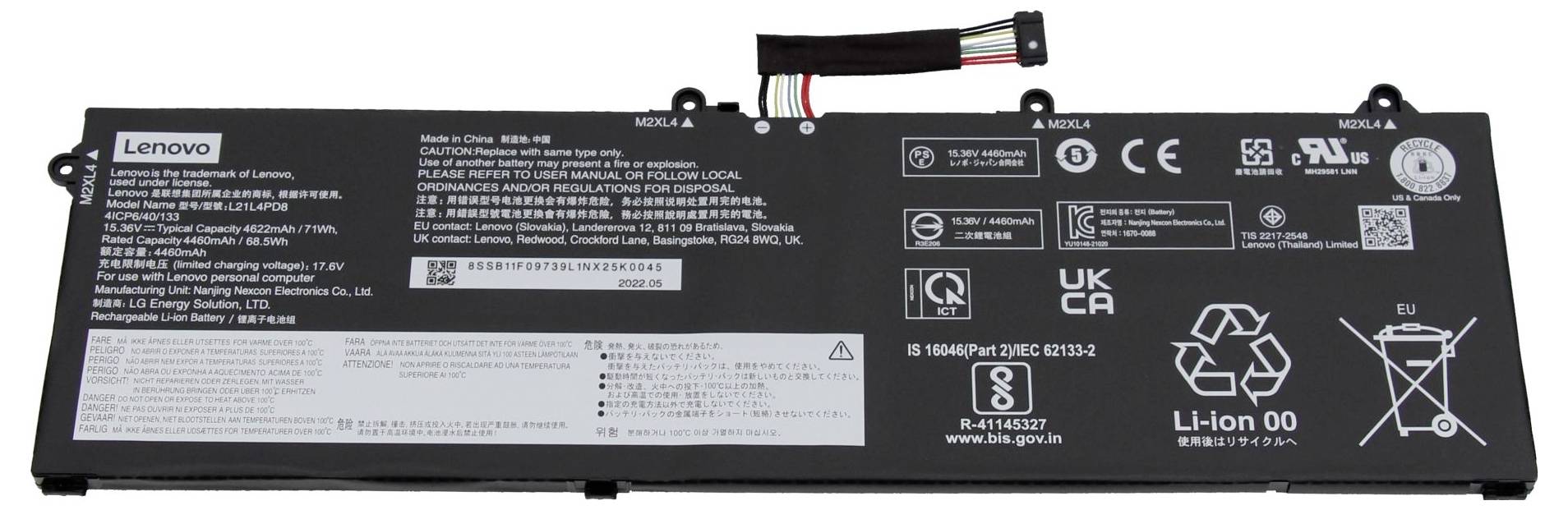 Lenovo oznaka baterijske pakovane za prijenosno računalo s modelom i informacijama o sigurnosnoj certifikaciji, te simbolima za recikliranje i zbrinjavanjem na kućištu.
