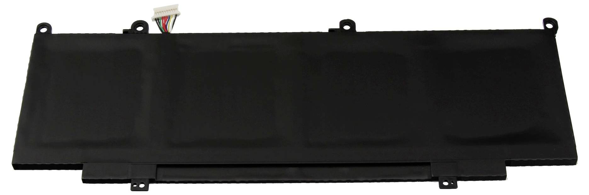 Crna pravokutna baterija za laptop s priloženim konektorom i montažnim ušicama, prikazana na bijeloj pozadini.