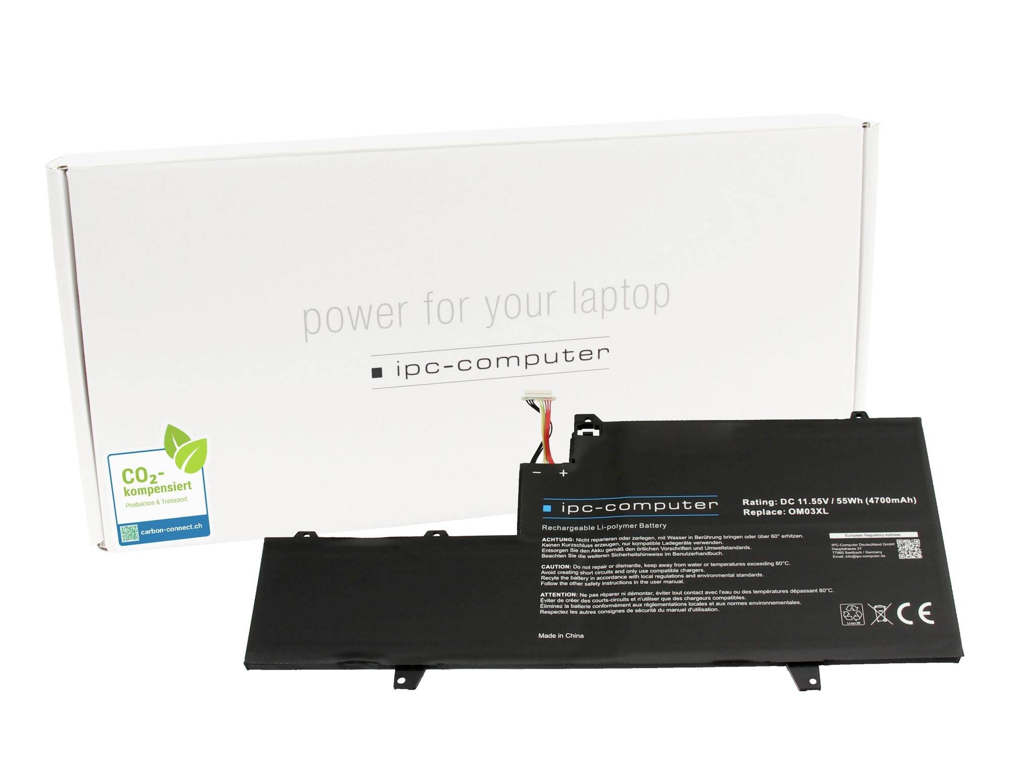 Zamjenska baterija za prijenosno računalo s pakiranjem na kojem je napisano "power for your laptop" i "ipc-computer", prikazana s naljepnicom za kompenzaciju CO2.