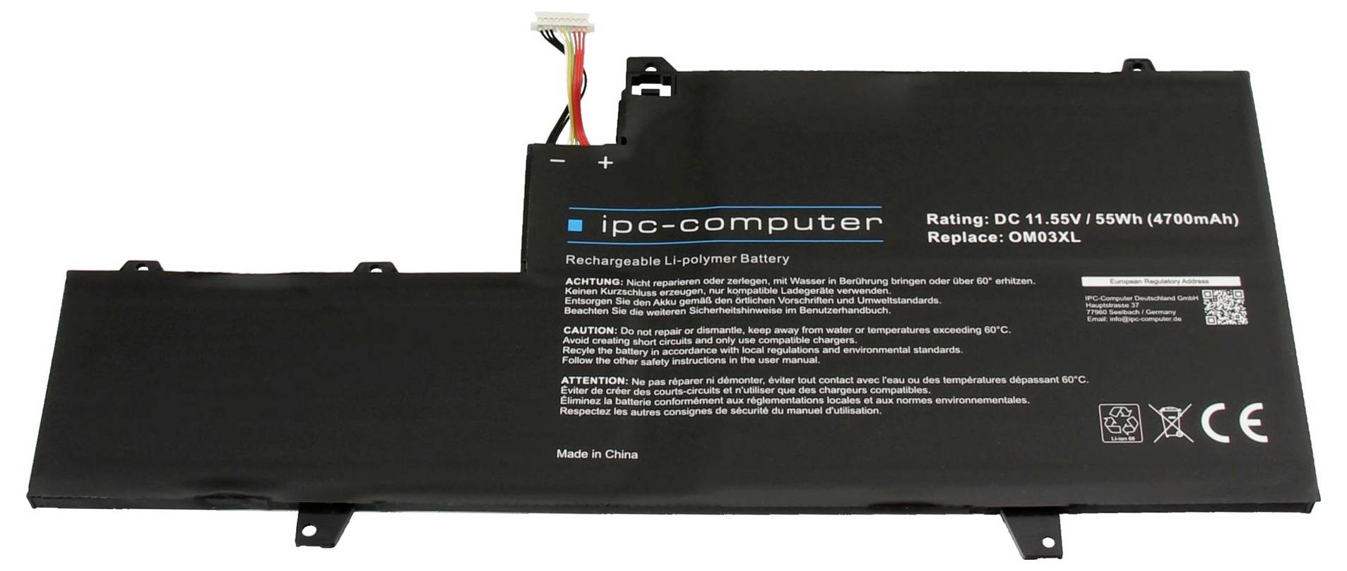 Crna punljiva baterija za prijenosno računalo sa natpisom 'ipc-computer' s DC 11,55V i specifikacijom od 55Wh, prikazana na bijeloj podlozi.